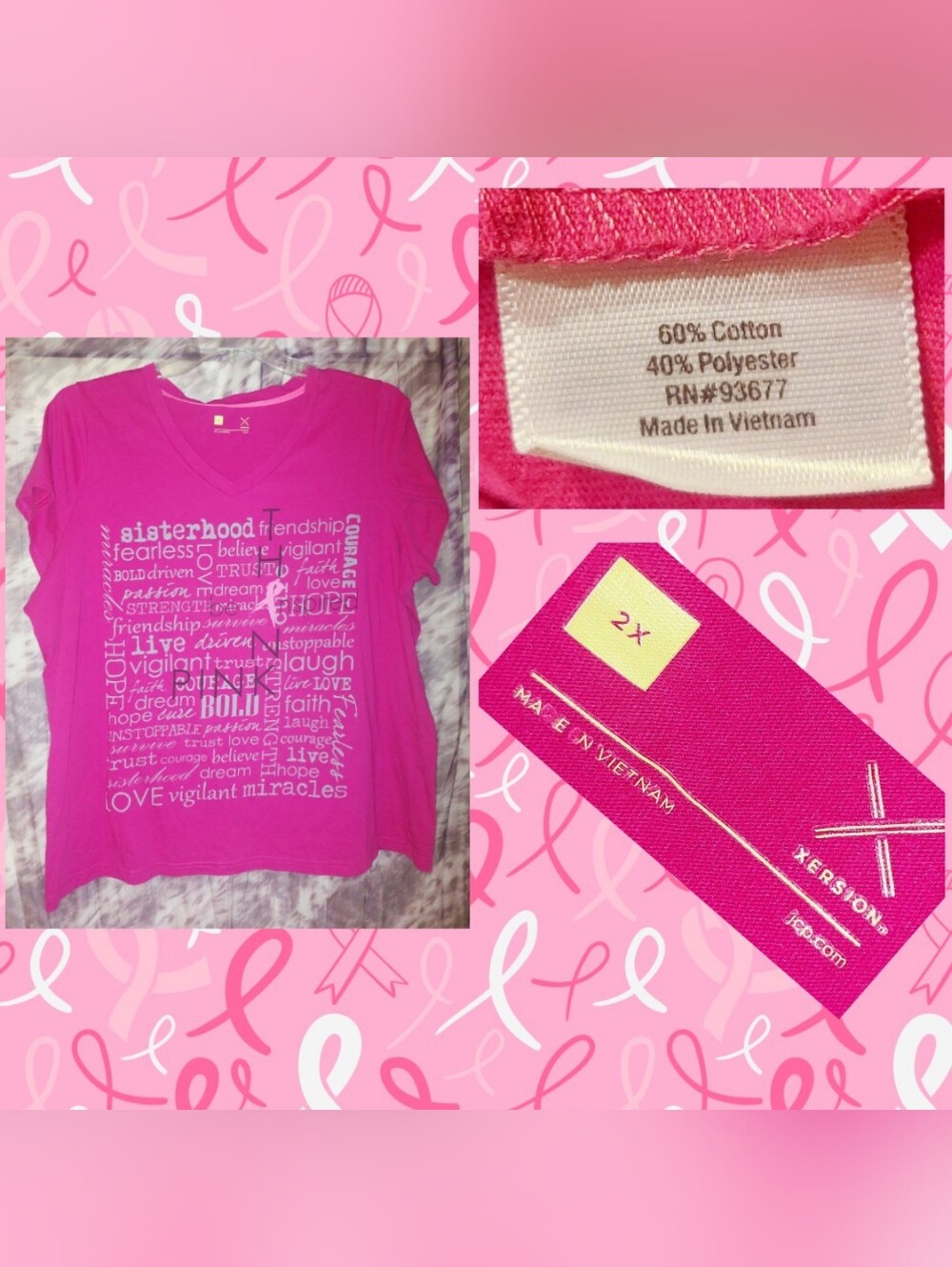 Xersion Hot Pink/Multiclr Breast Cancer Awareness Inspirational Words Tee Sz 2X